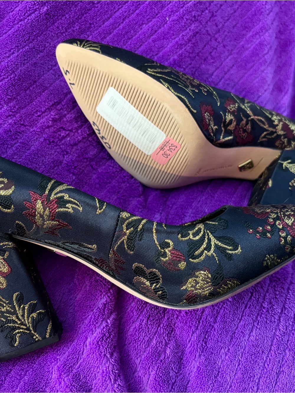 ANTONIO MELANI Black Brocade Block Heels with Gold and Red Floral Accents